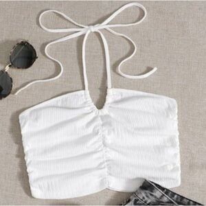 Elegant White Ruched Halter Crop Top